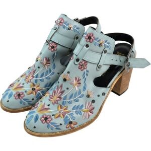 Jolimall Blue‎ Floral Embroidered Studded Slingback Mule Block Heel Sandals S3